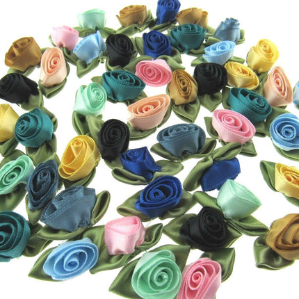 Large Satin Roses Ribbon Bows with Green Leaves - 50 Assorted - 30mm x 20mm