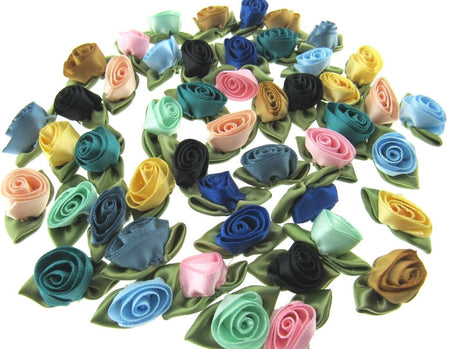 Large Satin Roses Ribbon Bows with Green Leaves - 50 Assorted - 30mm x 20mm - ThreadandTrimmings