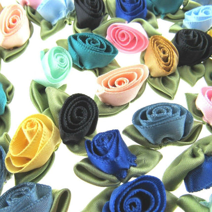 Large Satin Roses Ribbon Bows with Green Leaves - 50 Assorted - 30mm x 20mm