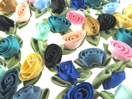Large Satin Roses Ribbon Bows with Green Leaves - 50 Assorted - 30mm x 20mm - ThreadandTrimmings