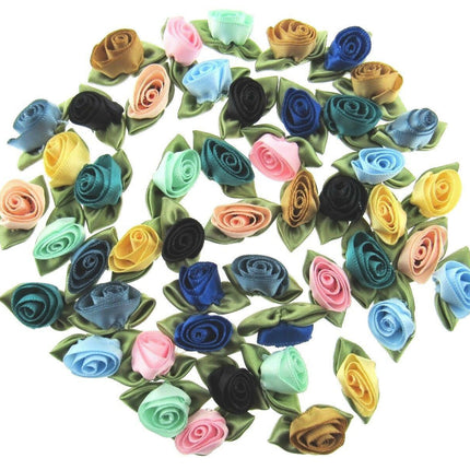 Large Satin Roses Ribbon Bows with Green Leaves - 50 Assorted - 30mm x 20mm