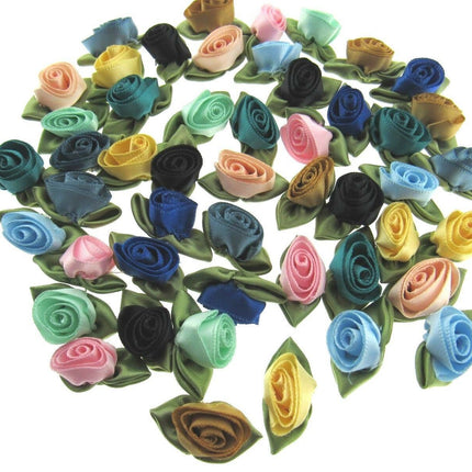 Large Satin Roses Ribbon Bows with Green Leaves - 50 Assorted - 30mm x 20mm