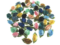 Large Satin Roses Ribbon Bows with Green Leaves - 50 Assorted - 30mm x 20mm
