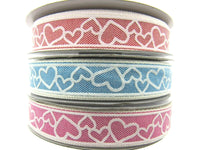 Love Heart Valentine Ribbon in Pink or Blue- 15mm x 3m - 55021
