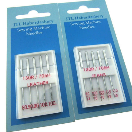 ** DOMESTIC SEWING MACHINE NEEDLES - LEATHER/JEANS/STANDARD WITH FLAT SHANK - ThreadandTrimmings