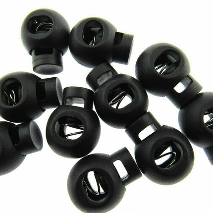 Cord Lock Toggle Stoppers Round Black Plastic Spring Loaded Cord Locks 5mm Hole - ThreadandTrimmings