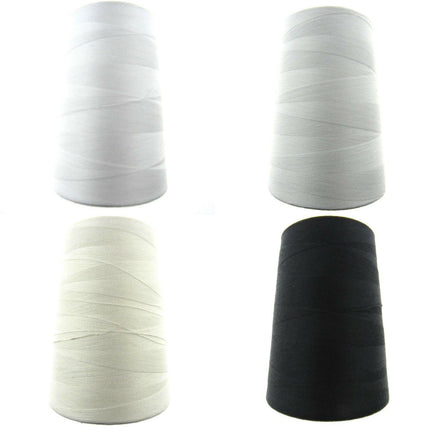 Four spools of bulk polyester sewing thread in white and black colors