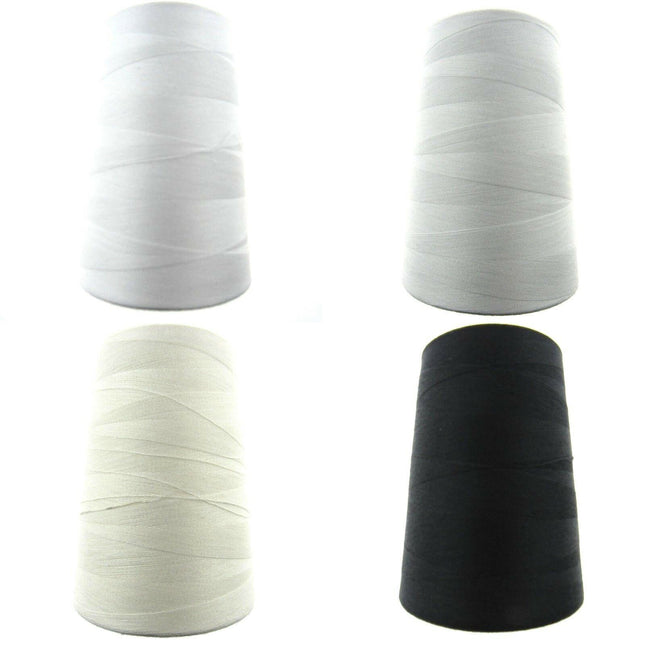 Four spools of bulk polyester sewing thread in white and black colors