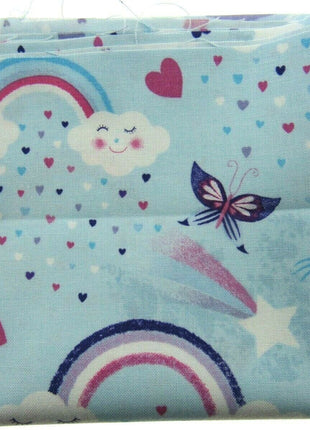 ** STUDIO E's "UNICORN KISSES" - FAT QUARTER FABRIC - LIGHT BLUE - RAINBOW, - ThreadandTrimmings