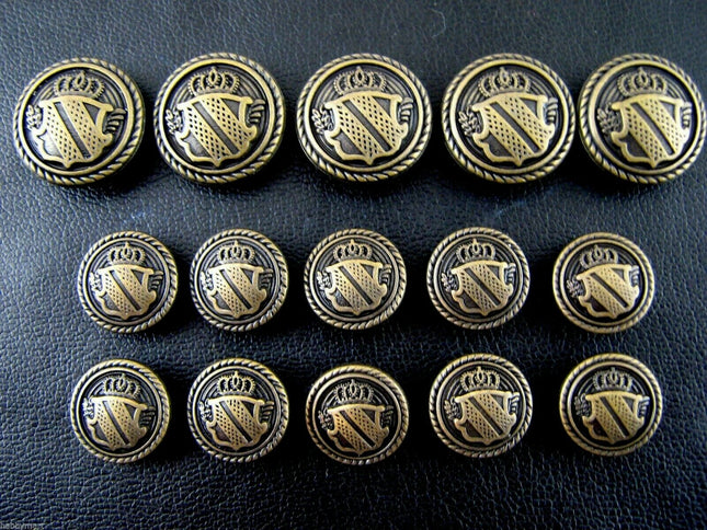A SET of ANTIQUE BRONZE METAL MILITARY SHIELD BLAZER BUTTONS B1978 - ThreadandTrimmings