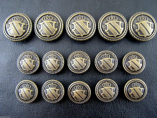A SET of ANTIQUE BRONZE METAL MILITARY SHIELD BLAZER BUTTONS B1978 - ThreadandTrimmings