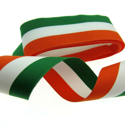 IRISH TRICOLOUR FAILLE RIBBON 15mm, 25mm, 35mm.  WHOLE ROLLS AVAILABLE - ThreadandTrimmings