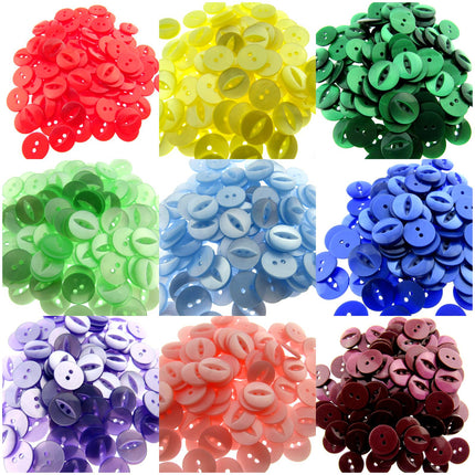 An array of colorful fish eye buttons in various sizes, displayed in separate groups, showcasing different colors such as red, yellow, green, blue, pink, and purple.