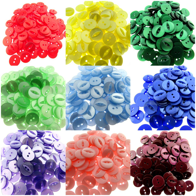 An array of colorful fish eye buttons in various sizes, displayed in separate groups, showcasing different colors such as red, yellow, green, blue, pink, and purple.