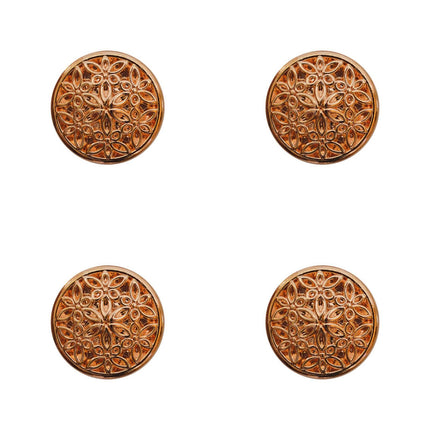 Four rose gold metal buttons with a filigree style design, displayed against a white background.