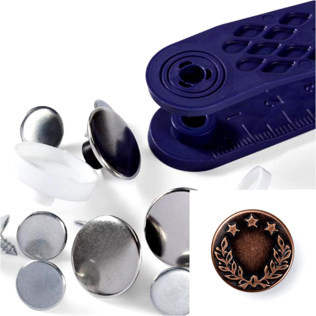 PRYM 17mm JEAN BUTTONS - 8 PIECE CARD With TOOL - NICKEL or ANTIQUE COPPER - ThreadandTrimmings
