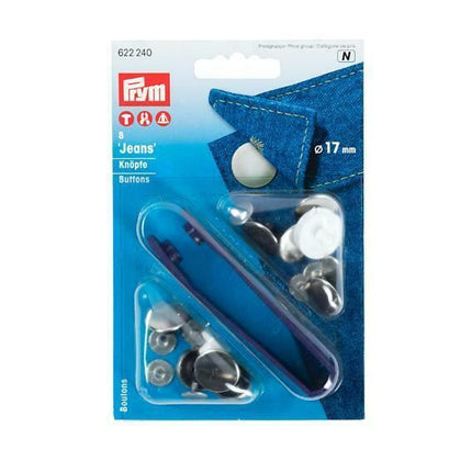 PRYM 17mm JEAN BUTTONS - 8 PIECE CARD With TOOL - NICKEL or ANTIQUE COPPER - ThreadandTrimmings