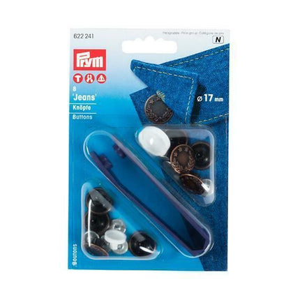 PRYM 17mm JEAN BUTTONS - 8 PIECE CARD With TOOL - NICKEL or ANTIQUE COPPER - ThreadandTrimmings