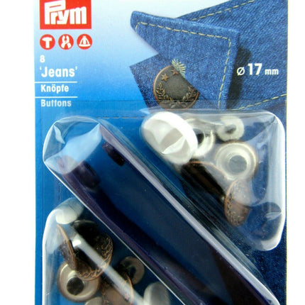 PRYM 17mm JEAN BUTTONS - 8 PIECE CARD With TOOL - NICKEL or ANTIQUE COPPER - ThreadandTrimmings