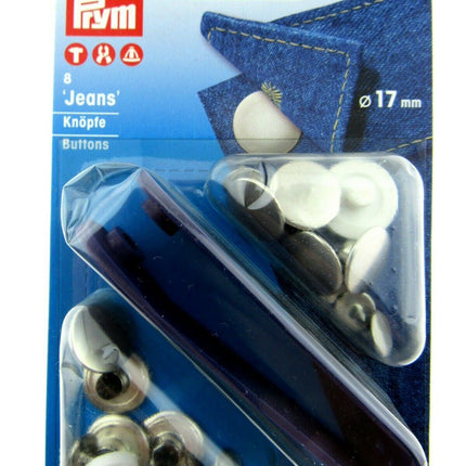 PRYM 17mm JEAN BUTTONS - 8 PIECE CARD With TOOL - NICKEL or ANTIQUE COPPER - ThreadandTrimmings