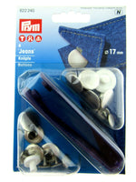 PRYM 17mm JEAN BUTTONS - 8 PIECE CARD With TOOL - NICKEL or ANTIQUE COPPER - ThreadandTrimmings