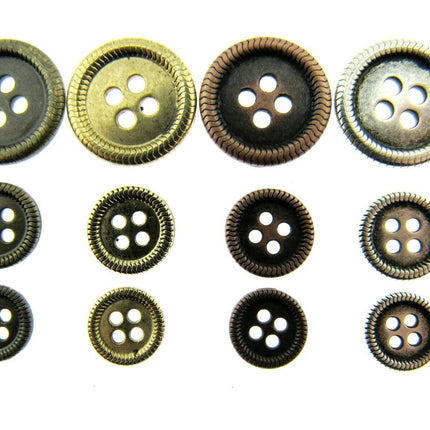 Designer Metal Buttons with 4 Holes 4 Colours 3 Sizes Ring Edge Premium Quality - ThreadandTrimmings