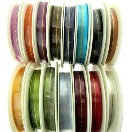 Satin Chiffon Ribbon with Lurex Centre Stripe - 10mm & 22mm - Xmas Ribbon - ThreadandTrimmings