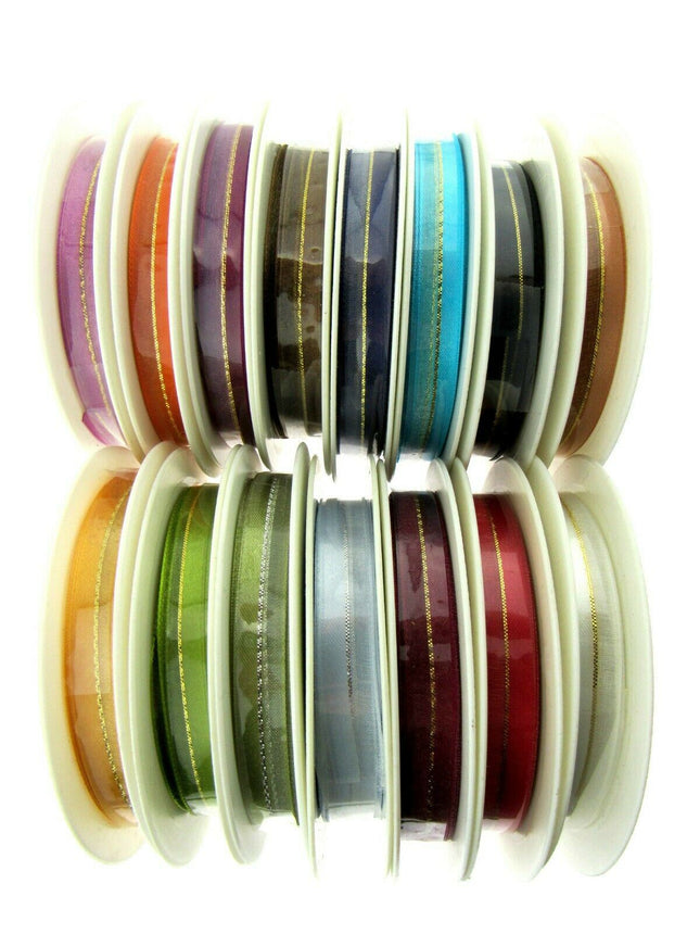 Satin Chiffon Ribbon with Lurex Centre Stripe - 10mm & 22mm - Xmas Ribbon - ThreadandTrimmings