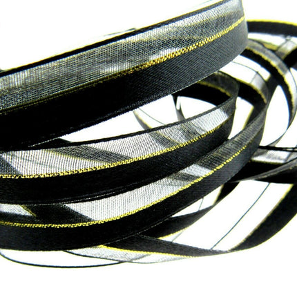 Satin Chiffon Ribbon with Lurex Centre Stripe - 10mm & 22mm - Xmas Ribbon - ThreadandTrimmings