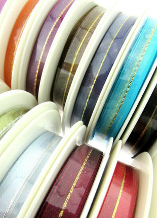 Satin Chiffon Ribbon with Lurex Centre Stripe - 10mm & 22mm - Xmas Ribbon - ThreadandTrimmings