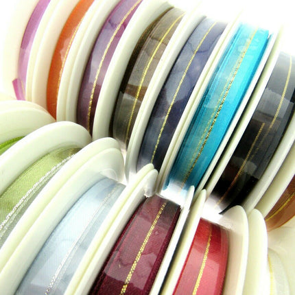 Satin Chiffon Ribbon with Lurex Centre Stripe - 10mm & 22mm - Xmas Ribbon - ThreadandTrimmings