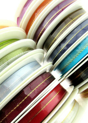 Satin Chiffon Ribbon with Lurex Centre Stripe - 10mm & 22mm - Xmas Ribbon - ThreadandTrimmings