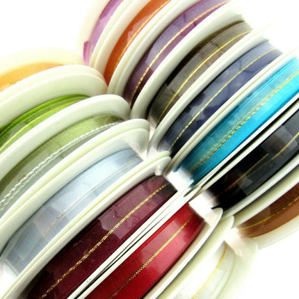 Satin Chiffon Ribbon with Lurex Centre Stripe - 10mm & 22mm - Xmas Ribbon - ThreadandTrimmings