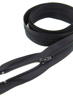 A set of extra long nylon open-ended sleeping bag zips, black in color, displayed on a white background.