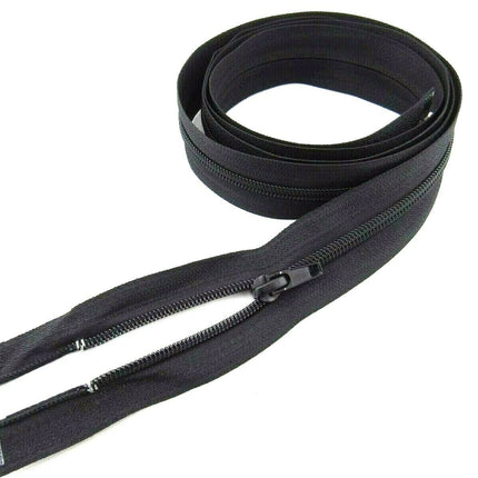 A set of extra long nylon open-ended sleeping bag zips, black in color, displayed on a white background.