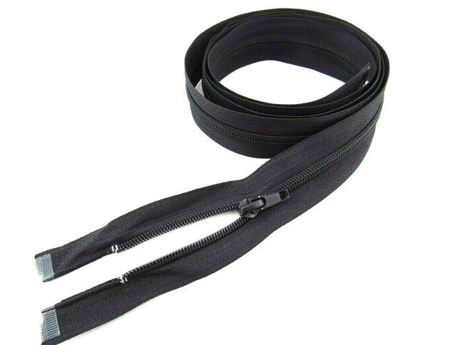 A set of extra long nylon open-ended sleeping bag zips, black in color, displayed on a white background.