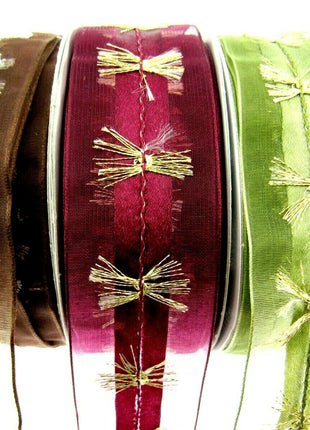Wired Organza Chiffon Ribbon with Wired Satin Centre with Fringe - 38mm x 3m - ThreadandTrimmings