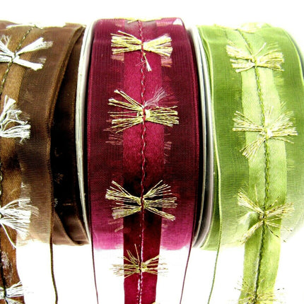 Wired Organza Chiffon Ribbon with Wired Satin Centre with Fringe - 38mm x 3m - ThreadandTrimmings