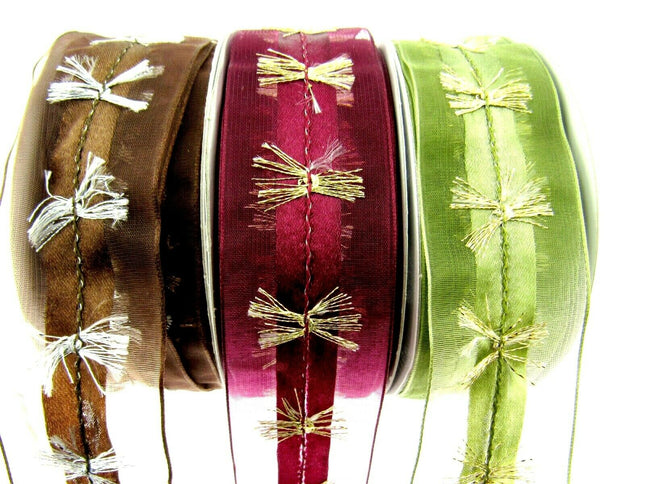 Wired Organza Chiffon Ribbon with Wired Satin Centre with Fringe - 38mm x 3m - ThreadandTrimmings