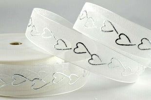 Heart Organza Ribbon with Printed Silver or Gold Heart - 3m Piece 15mm / 25mm - - ThreadandTrimmings