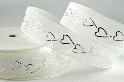Heart Organza Ribbon with Printed Silver or Gold Heart - 3m Piece 15mm / 25mm - - ThreadandTrimmings