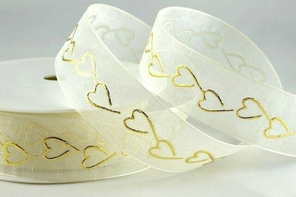 Heart Organza Ribbon with Printed Silver or Gold Heart - 3m Piece 15mm / 25mm - - ThreadandTrimmings