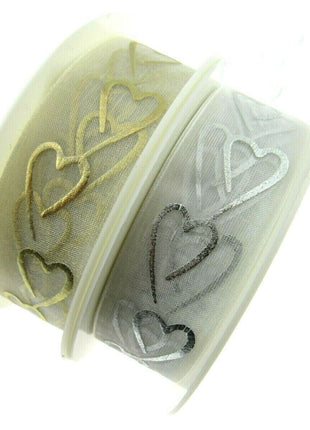 Heart Organza Ribbon with Printed Silver or Gold Heart - 3m Piece 15mm / 25mm - - ThreadandTrimmings
