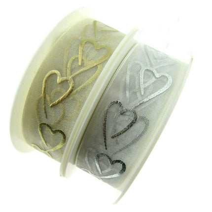 Heart Organza Ribbon with Printed Silver or Gold Heart - 3m Piece 15mm / 25mm - - ThreadandTrimmings