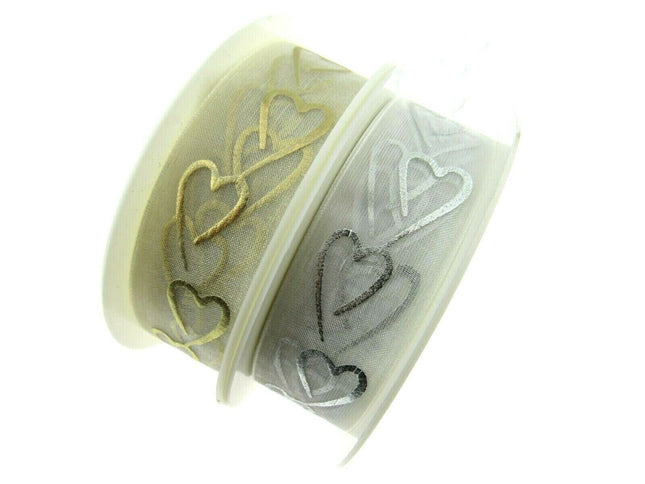 Heart Organza Ribbon with Printed Silver or Gold Heart - 3m Piece 15mm / 25mm - - ThreadandTrimmings