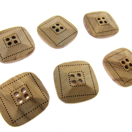 Square Wooden Buttons Made From Olive Wood Four Hole Beige 3 Sizes CW9