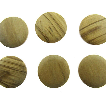 A set of six round wooden shank buttons with a natural olive wood finish, displayed in four different sizes.