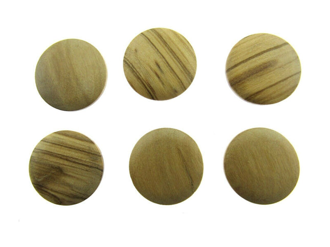A set of six round wooden shank buttons with a natural olive wood finish, displayed in four different sizes.