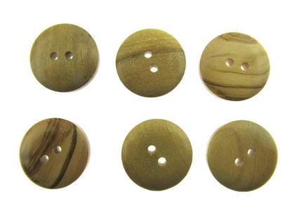 Round wooden olive wood buttons with 2 holes on a white background