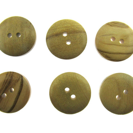 Round wooden olive wood buttons with 2 holes on a white background